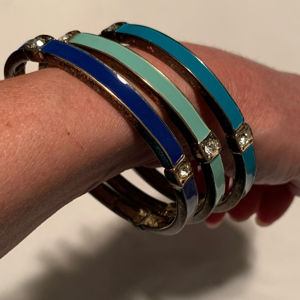 Blue and Teal Bangle Bracelets with Rhinestone Accents - Set of 3